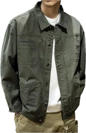 Generic Man Warm Khaki Cargo Button Padding Coat With Sheep Wool Loose Vintage Denim Jackets ArmyGreen Denim Coat L