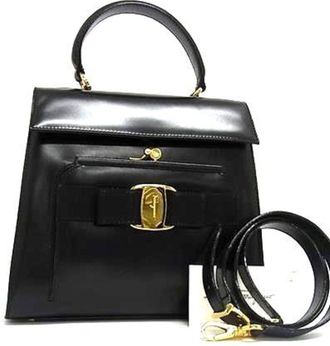 Ferragamo Black Leather Handbag Shoulder Bag Tote Bag (Pre-Owned)