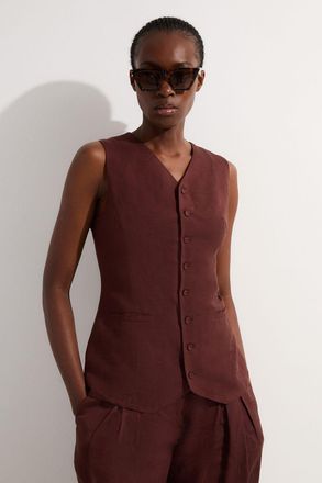 Karen Millen Womens Viscose Linen Woven Longline Waistcoat - Chocolate - Size 16 UK