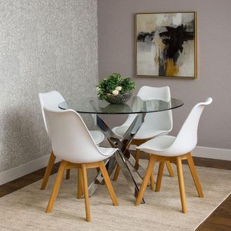 Kosy Koala Round Glass Dining Table Set With 4 White Plastic Chairs Dining Room Furniture