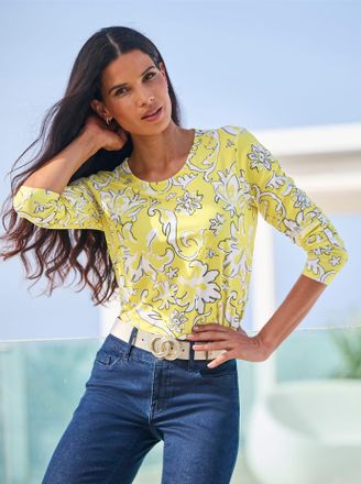 Heine Langarmshirt HEINE Druck-Shirt, Damen, Gr. 34, limone, ecru, bedruckt, 95% Polyester, 5% Elasthan, bedruckt, gebl&uuml;mt, gemustert, mehrfarbig, Rundhals,