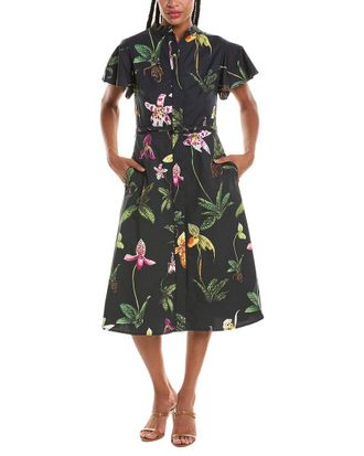 Oscar De La Renta Printed Orchids Midi Dress