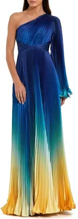 Mac Duggal Petite Pleated Charmeuse One-Shoulder Flare Sleeve Gown in Blue Ombre at Nordstrom, Size 10
