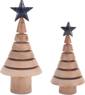 Melrose International Natural Wood Tree with Metal Star (Set of 2) - Beige, Black