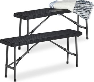 Relaxdays Set 2 Bancos Plegables Jard&iacute;n, Asiento Terraza Y Patio, Pl&aacute;stico, Banquillo Camping 42 X 100 X 25 Cm, Negro - Relaxdays
