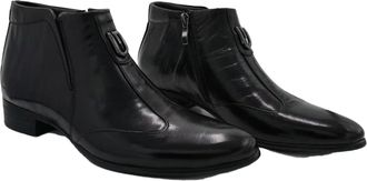 Generic Mens PU Leather Lined Winter Boots Flat Heel Office Dress Shoes Round Toe Short Boots with Side Zipper,Black,7.5 UK