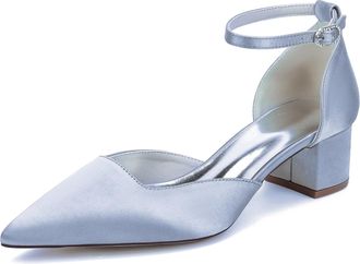 Generic Womens Block Heels Satin Bridal Wedding Shoes Pointed Toe Ankle Strap Court Prom Party Low Heels Shoes 4.5Cm,Silver,10 UK