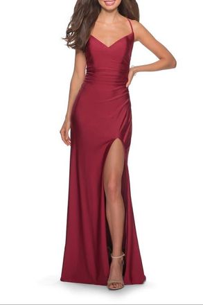 La Femme Long Homecoming Dress with Slit and Criss Cross Back in Burgundy at Nordstrom, Size 16