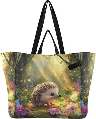 Generic Flowers Hedgehog Yellow pattern Reusable Canvas Tote Bag, Heavy Duty Grocery Shopping Bag with Double Handles Hard Bottom Large Capacity Work Grocerie