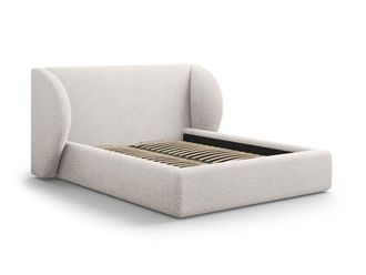 MICADONI Cama con cabecero y ba&uacute;l de tejido chenilla gris claro