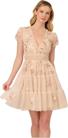 Adrianna Papell Womens Bead Mesh Cocktail Dress - Pink - Size 16 UK