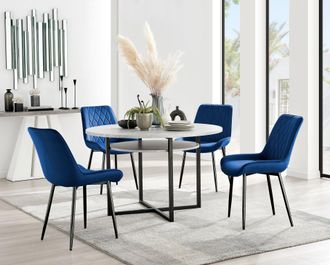 Furniturebox Adley Grey Concrete Effect & Black Round Dining Table with Shelf & 4 Velvet Pesaro Dining Chairs in Navy