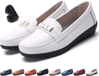 Generic Classic Womens Leather Loafers Lightweight Orthopedic Comfort Slip-On, Non-Slip Wedge Sole Work Walking Moccasins Shoes (6.5,White)