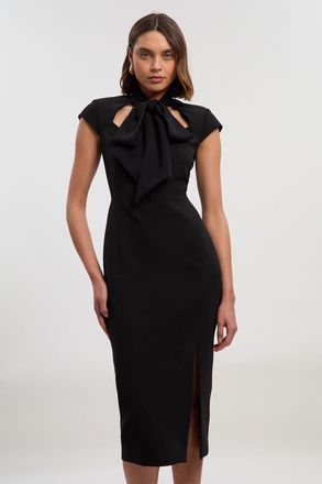 Karen Millen Womens Compact Stretch Bow Tie Neck Tailored Pencil Midi Dress - Black - Size 16 UK