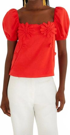 Farm Rio 3D Flowers Puff Sleeve Blouse In Red