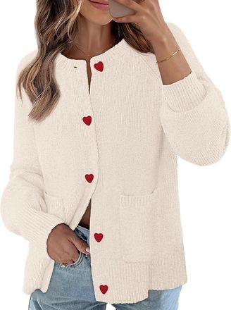 Merokeety Womens Cardigan Sweaters 2025 Trendy Long Sleeve Button Up Crewneck Knit Tops Cute Open Front Winter Coats, Beige, M