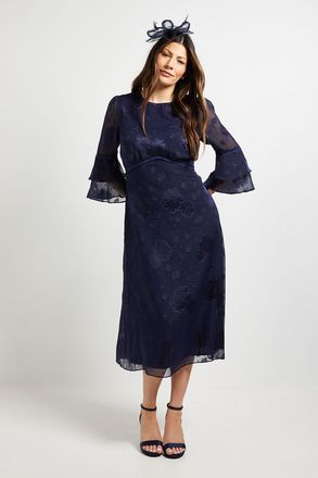 Wallis Womens Burn Out Ruffle Sleeve Midi Dress - Navy - Size 20 UK