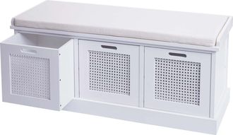 Hhg Hhg - Banco 904, Banco Tapizado Banco Armario, Cojines Cajas De Almacenaje Compartimento De Almacenaje 47x110x40cm, Blanco, Tapizado Crema-blanco