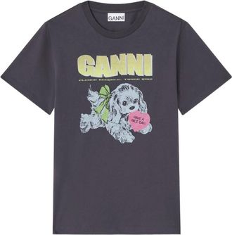 Ganni Grafische Print Hond Illustratie T-shirt - Dames - T-shirts - Grijs - 2XS - Tops