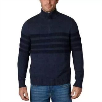 Elie Tahari Quarter Zip Stretch Pullover Striped Mock Neck Sweater In Indigo Heather