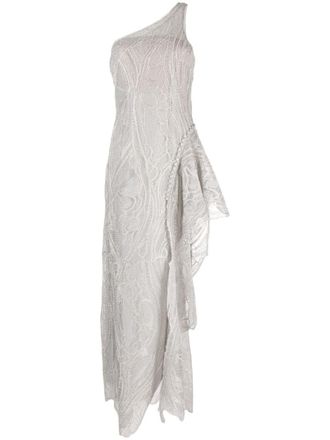 SIMKHAI Abito da sera monospalla con ricamo - Argento