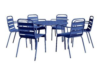 Vente-Unique Comedor de jard&iacute;n de metal - Mesa redonda D.130cm y 6 sillones apilables - Azul noche - MIRMANDE de MYLIA