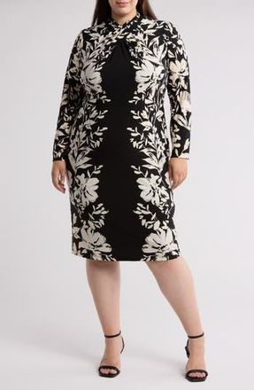 London Times Long Sleeve Crisscross Midi Dress in Black/Cream at Nordstrom Rack, Size 16W