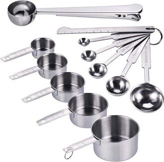 OEM Dailygoods, Juego De 12 Tazas Medidoras, Tazas Medidoras De Acero Inoxidable, Graduaci&oacute;n Clara, Incluye Regla Medidora, Tazas Medidoras