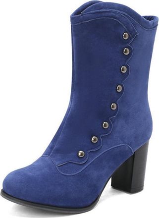 Generic Womens Retro Dressy Ankle Boots with Side Zipper Velvet Round Toe Block High Heel Comfort Winter Warm Shoes (5.5,Blue)