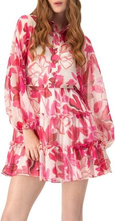 Ivonne Short Floral Print Shirt Dress with Long Sleeves in Fuchsia at Nordstrom, Size 14