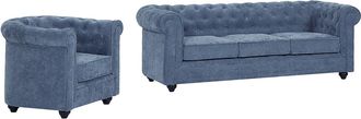 Vente-Unique Sof&aacute; 3 plazas y sill&oacute;n en tela azul CHESTERFIELD