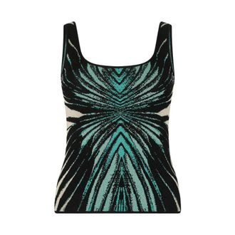 Roberto Cavalli Tops, Dames, Blauw, XS, Zeeprint Mouwloze Jacquard Gebreide Top