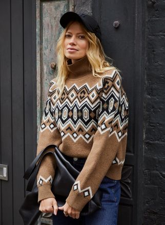 Baukjen Womens Harlow Wool Blend Intarsia Jumper - Taupe - Size 14 UK