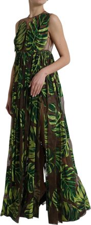 Dolce & Gabbana Womens Green Banana Leaf Sleeveless Long Maxi Dress Silk Nylon