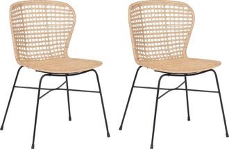 Beliani Conjunto De 2 Sillas De Comedor De Rat&aacute;n Natural Marco De Metal Negro R&uacute;stico Dise&ntilde;o Boho Elfros