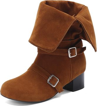 Generic Womens Retro Mid-Calf Boots with Fold-Over Collar Double Buckle Straps Low Block Heels Suede-Like Comfortable Anti-Slip Wear-Resistant for Daily Stree