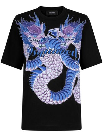 Dsquared2 dragon-print cotton T-shirt - women - Cotton - S - Black