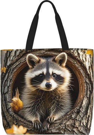 Generic Raccoon In The Fall Tree Hole Shopping Bag Handle Shopper Bag Foldable Handbags For Travel College Ladies