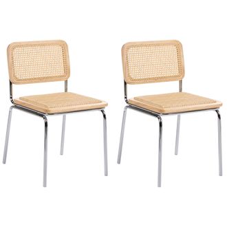 Beliani Conjunto De 2 Sillas Patas De Hierro Respaldo Y Asiento De Rat&aacute;n Sint&eacute;tico Sin Reposabrazos Con Tapones En Las Patas Dise&ntilde;o Vintage Boho Marr&oacute;n Claro 