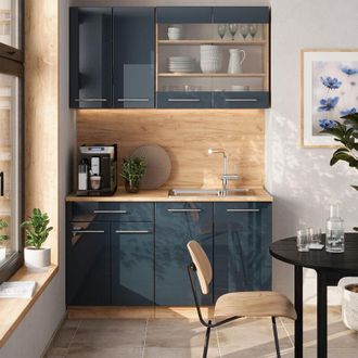 Vicco Cocina Para Solteros Fame-line, Azul Oscuro Alto Brillo/roble Dorado, 140 Cm, Et M&aacute;rmol