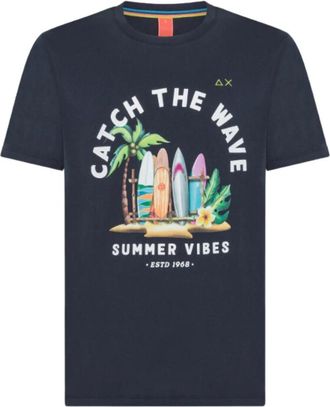 Sun 68 T-shirt met korte mouwen en groot logo - Heren - T-shirts - Blauw - M - Katoen - Tops