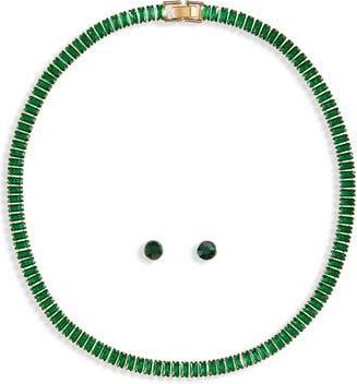 Tasha Tennis Necklace & Stud Earrings Set in Gold/emerald at Nordstrom Rack