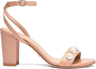 Stuart Weitzman Sandaal met blokhak en parelversiering - Dames - Sandalen met hakken - Beige - 36 EU - Leer - Schoenen