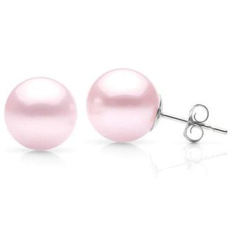 Suzy Levian 14k White Gold Round Pink Freshwater Pearls Stud Earrings - 8 mm