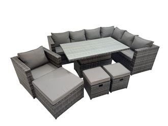 Fimous 10 Seater Rattan Corner Sofa Sets with Chair 3 Stools Dark Grey Mixed