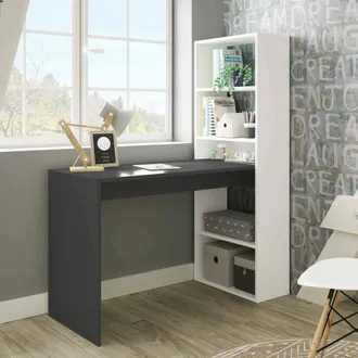 Dmora Escritorio Dcart, Escritorio Reversible Con Librer&iacute;a De 5 Estantes, Mesa De Estudio U Oficina Para Porta Libros De Pc, 120x53h144 Cm, Blanco Y Antraci