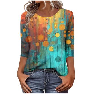 Generic 3/4 Sleeve Tops for Women Vintage Crew Neck Button Blouses Dressy Casual Shirts Ladies Henley Shirts Tunic Tops Fall Lightweight Business Casual Blous