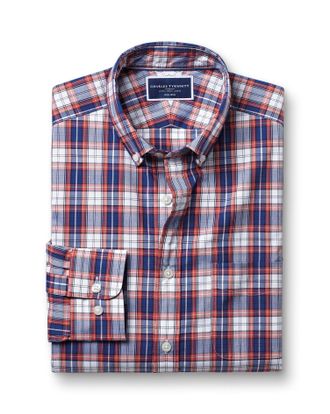 CHARLES TYRWHITT Button-Down Collar Non-Iron Stretch Poplin Large Checkered Cotton Shirt - Red Size XS by Charles Tyrwhitt