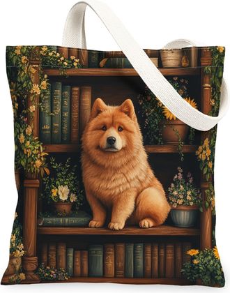 Generic Spring Chow Chow Dog Canvas Tote Bag for Shopping 13x15, Flower Bookshelf Puppy Reusable Grocery Print Bag for Women, Fun Pet Beach Aesthetic Painting