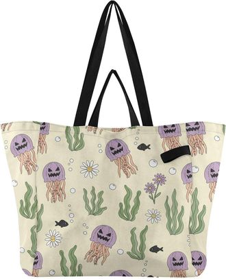 Generic Underwater Jellyfish Flowers Yellow print Reusable Canvas Tote Bag, Heavy Duty Grocery Shopping Bag with Hard Bottom Double Handles Large Capacity Wor